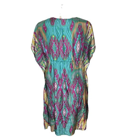 Figue Dress L Womens Multicolor Ikat Silk V Neck Short Sleeve Kaftan Tie Beach - Picture 3 of 12